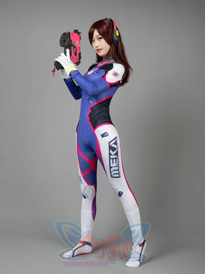 OW D.Va Hana Song cosplay bodysuit sets printed gloves and leg covers beside a matching headset accessory.