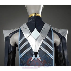Game Rivals Ororo Munroe Cosplay costume's cape is dark blue with silver stripes, the geometric design on the back is very sharp.