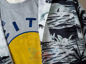 Venom: The Last Dance Eddie Brock cosplay t-shirt in grey anchors blue and yellow design under open palm shirt.