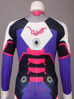 OW D.Va Hana Song cosplay jumpsuit traces hot pink and black graphic panels across the back torso and sleeves.