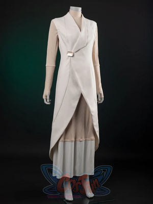 The Acolyte Mon Mothma cosplay vest layers a light beige buckle-closure piece over a tan and light grey paneled pleated.