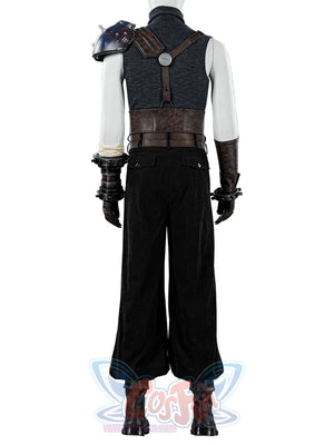 Final Fantasy VII Rebirth FF7R Cloud Strife cosplay back view traces segmented cuffs down to heavy dark boots.