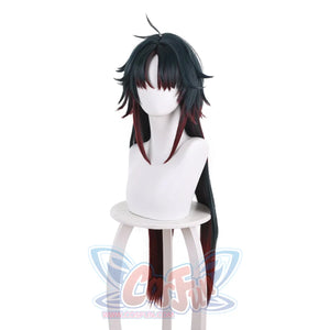 Honkai: Star Rail Blade cosplay wig frames the face in black length accented by burgundy streaks in the front layers.