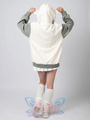 Playful back view of person wearing gorilla Full Zip Hoodie with arms raised inside the oversized sleeves