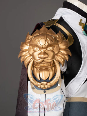 Honkai: Star Rail Jing Yuan cosplay shoulder armor centers a sculpted gold lion piece against white and gold-trimmed fabric.