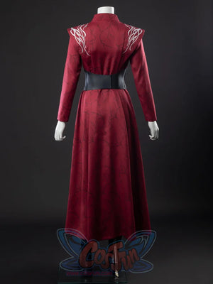 Rhaenyra Targaryen cosplay gown layers silver shoulder appliques over an all-over branch-patterned red fabric cinched by a.