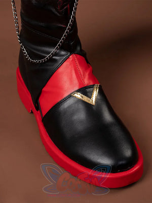 Genshin Impact Tartaglia Childe cosplay boot centering a gold V-shaped buckle over bold red and black color-blocked panels.
