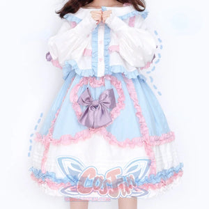 Sweet High Waist Lolita Jumper Skirt Sets White and Blue / S / Skirt