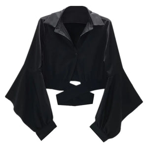 Black Autumn Girl Midriff Crop Top Flare Sleeves Niche Design Restore Shirt S20057 - cosfun