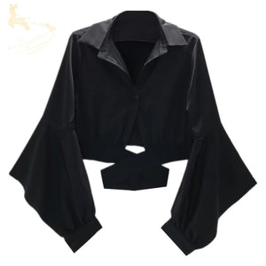 Black Autumn Girl Midriff Crop Top Flare Sleeves Niche Design Restore Shirt S20057 - cosfun