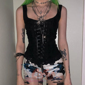 Black Lace Up Slim Short Vest S