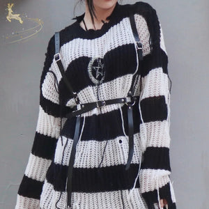 Dark Stripe Hole Knit Punk Street Pullover Round Neck Loose Sweater Girl - cosfun
