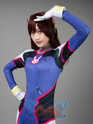 D.Va Hana Song Overwatch cosplay jumpsuit layers chest logo graphics above yellow-cuffed gloves and headset.