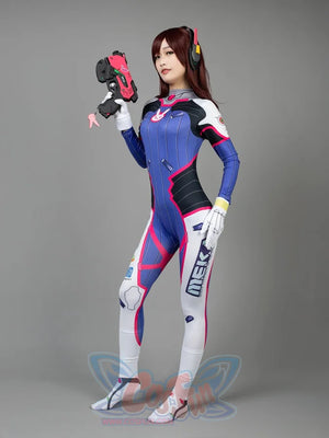 OW D.Va Hana Song cosplay jumpsuit pairs a blue pink bodysuit alongside a black yellow headset and prop blaster.