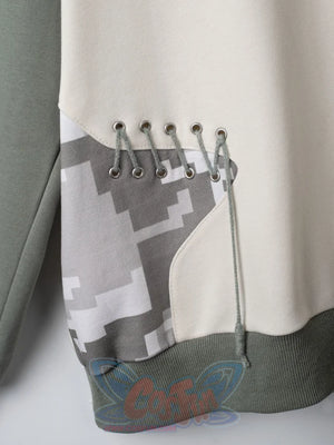 Interior detail of gorilla Full Zip Hoodie showing hood drawstring grommets and ribbed hem construction