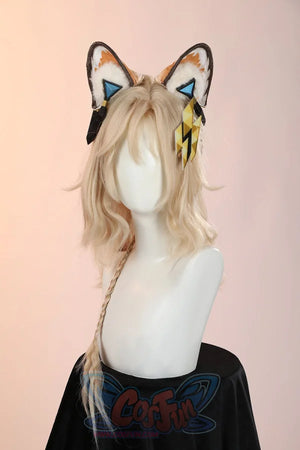 Genshin Impact Xilonen cosplay wig frames a light-blonde wavy style with a side braid and gem-accented animal ears.