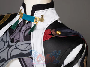 Honkai: Star Rail Jing Yuan cosplay tunic pairs white lapels with a central blue strap over a patterned overlay.