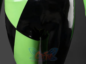 Kim Possible Shego cosplay bodysuit close-up traces geometric green and black panels with glossy light reflections.