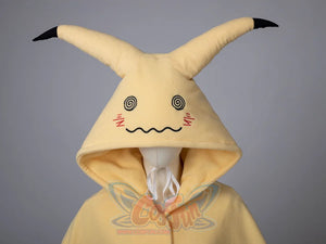 Close-up of yellow spark cute cape dress hood featuring adorable face and ear details