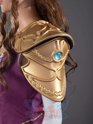 Twilight Princess Zelda cosplay pauldron traces etched scrollwork around a blue gem above a purple gold-cord vest.
