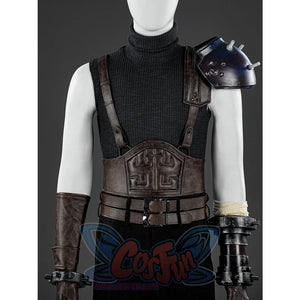 Final Fantasy VII Rebirth FF7R Cloud Strife cosplay upper body sets a leather harness over a sleeveless turtleneck.