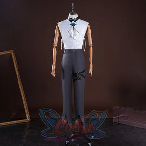 Honkai: Star Rail Anaxagoras Anaxa cosplay vest balances a white brocade bodice against a black collar and charcoal trousers.