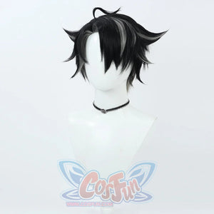 Genshin Impact Wriothesley cosplay wig layers pointed black-and-grey strands upward and pairs a slim black choker with a.