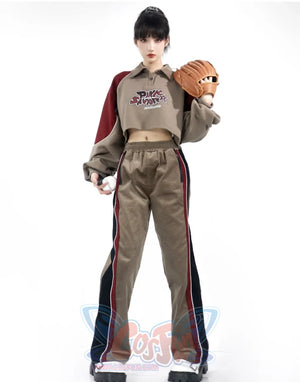 Khaki Striped Velvet Patchwork Slim Skirt Pants Sweater Suit S22429