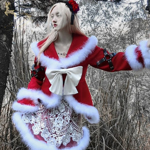 Christmas Worship Goth Bow Plush Woolen Coat