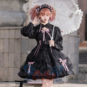 Autumn Multi-layer Lolita Long Sleeve Dress S22813 Black and Pink / S