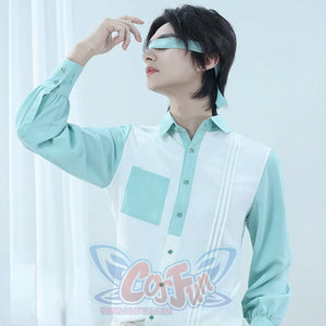 Devil Wants To Hug Comics Embroidered Color Blocking Shirt White and Cyan / S