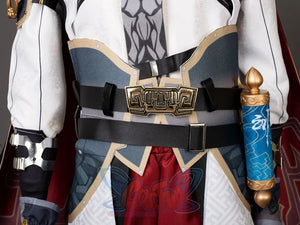 Honkai: Star Rail Jing Yuan cosplay belt set anchors a large decorative buckle alongside an ornate blue and gold scroll.