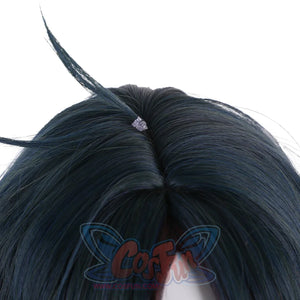 Honkai: Star Rail Blade cosplay wig centers a clear hair accessory over a dark teal center-parted style.