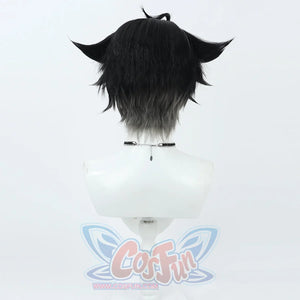 Genshin Impact Wriothesley cosplay wig traces a black-to-grey gradient in a detailed costume view.