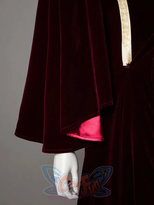 Halloween Padme Amidala cosplay robe gathers draped sleeves at the cuff where red satin lining meets gold brocade trim.