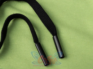 Drawstring cord and metal tips detail on green Frog Printed Short Sleeve Hooded Sweatshirt fabric