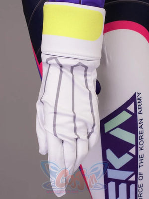 OW D.Va Hana Song cosplay glove anchors yellow reflective cuff panels over gray striped back-of-hand details.