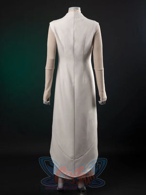 The Acolyte Mon Mothma cosplay vest pairs a white calf-length high-collar piece over a ribbed off-white long-sleeve.