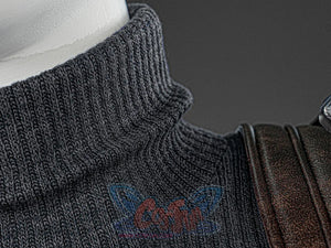 Final Fantasy VII Rebirth FF7R Cloud Strife cosplay top drops a brown distressed leather strap over a ribbed knit turtleneck.