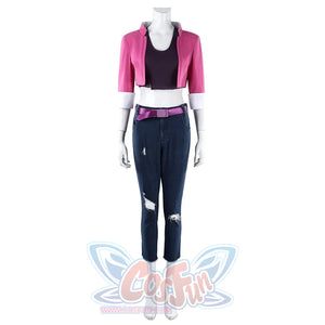 Fantastic Four Invisible Woman Susan Storm cosplay outfit frames pink jacket and white cuffs.