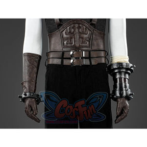 Final Fantasy VII Rebirth FF7R Cloud Strife cosplay accessories layer an ornate wrist cuff over a double-buckled waist.
