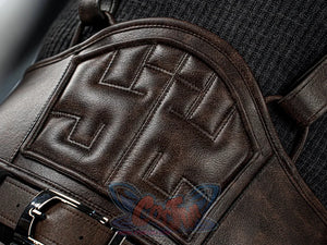 Final Fantasy VII Rebirth FF7R Cloud Strife cosplay pauldron close-up traces detailed stitching along a bordered leather.
