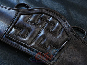 Final Fantasy VII Rebirth FF7R Cloud Strife cosplay bracer centers padded stitching across a dark brown armored cuff.