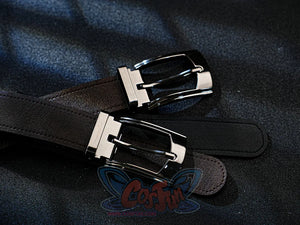 Final Fantasy VII Rebirth FF7R Cloud Strife cosplay belt frames a metal frame-style buckle on a black faux leather strap.