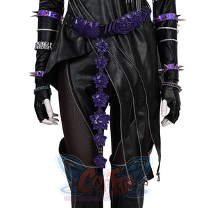 Mira cosplay costume killer black suit lower body close-up featuring tight pleather pants, zipper details and punk-inspired dark style for anime cosplay.