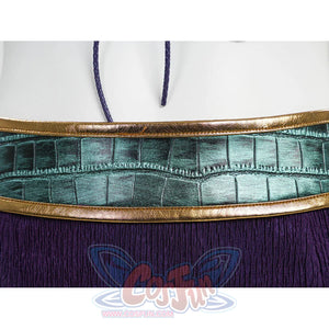 Extreme close-up of Robin cosplay teal crocodile belt with gold metallic trim and purple fringe skirt