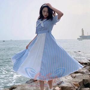 Summer Color Blocking Stripe Short-sleeved Dress - cosfun