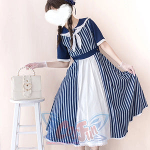 Summer Color Blocking Stripe Short-sleeved Dress - cosfun