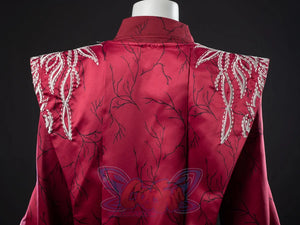 Rhaenyra Targaryen cosplay overlay frames silver beaded shoulder embroidery in a detailed costume view.