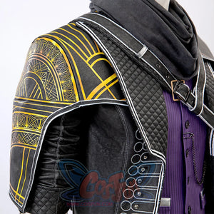 Clair Obscur: Expedition 33 Gustave cosplay coat traces geometric gold shoulder design above draped scarf and vest chain.